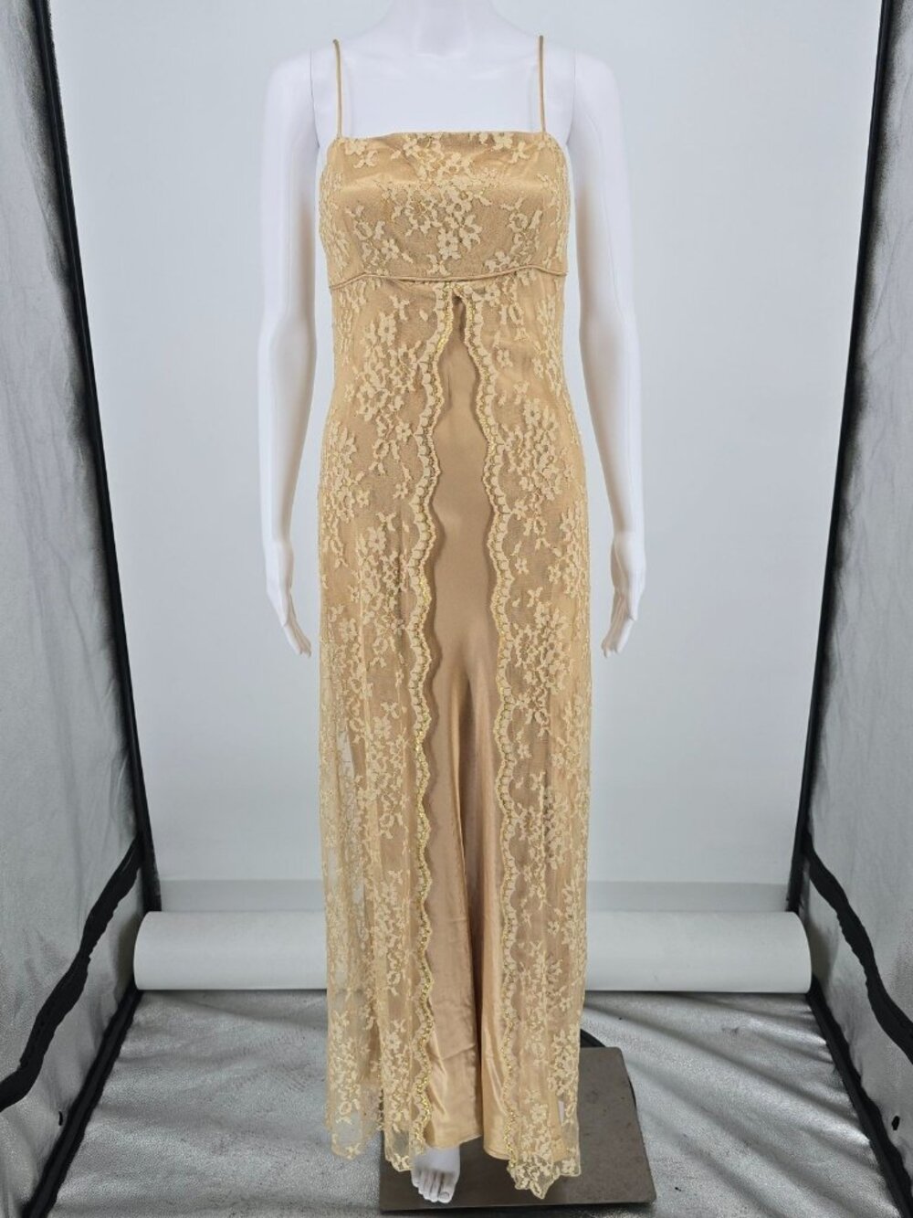 Vintage 1990s Debut Gold Metallic Lace Overlay Satin Slip Maxi Dress (S) *Flaws